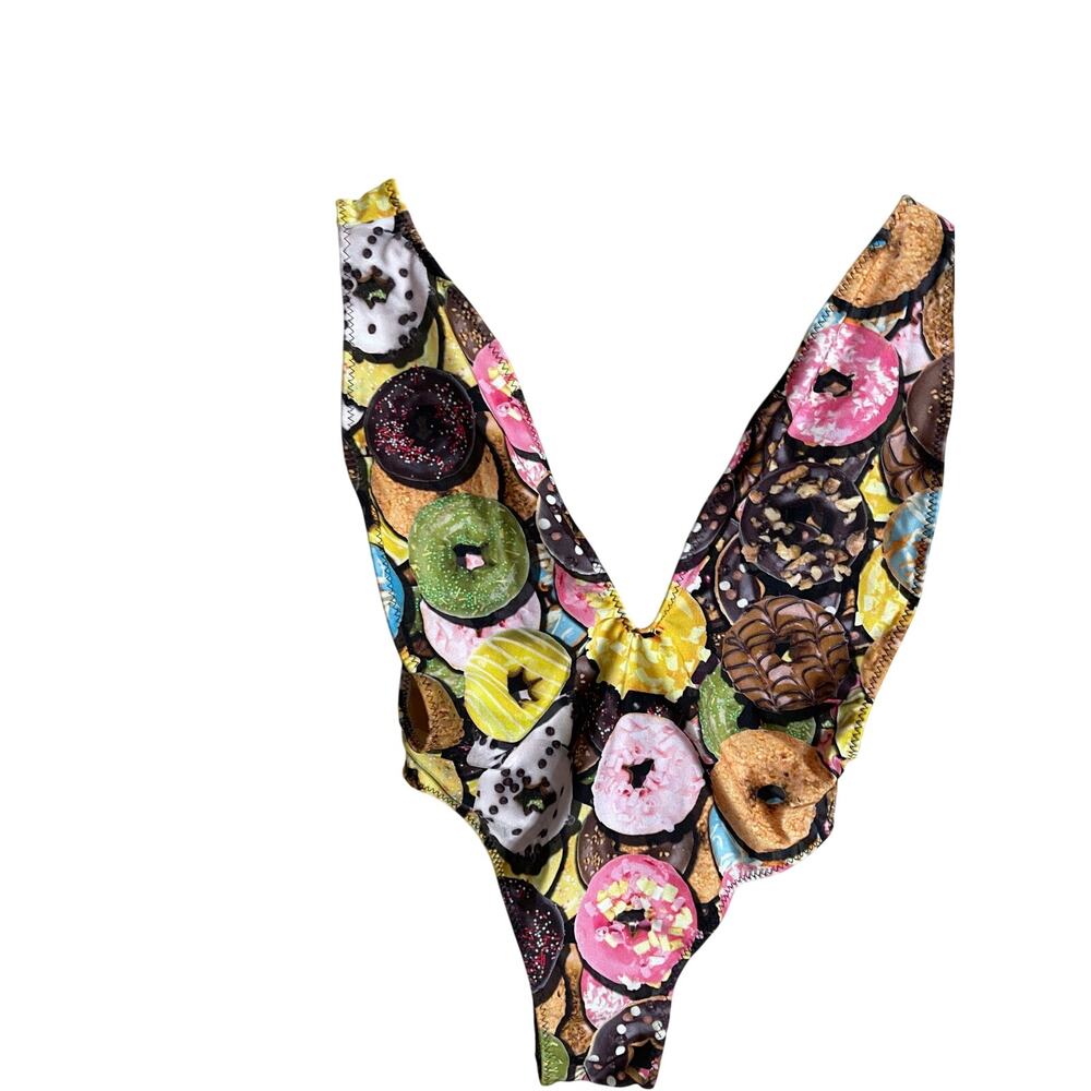 Ravish Sands Donuts One Piece Custom Bikini Plunge Neckline Womans Medium - Picture 5 of 9